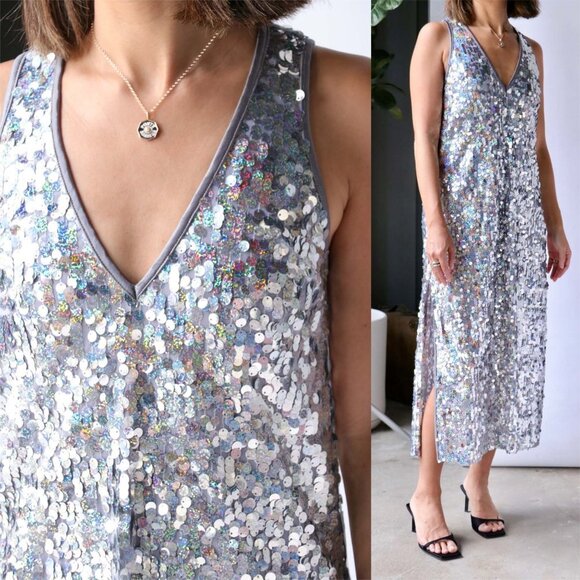 NWT Smythe Deep V Midi Dress in Silver Pailette - Picture 2 of 12